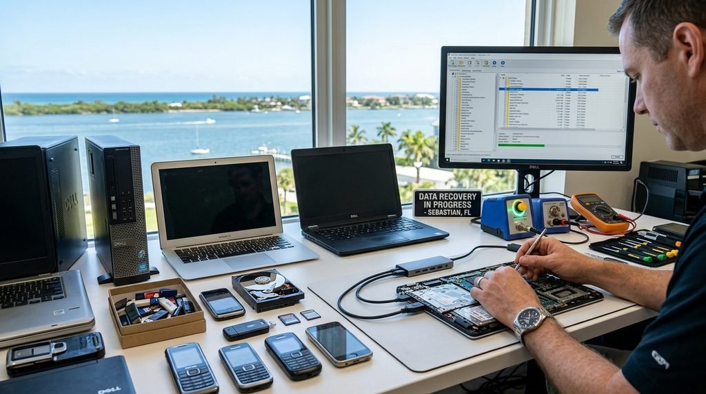 laptop, desktop, and mobile phone with corrupted data